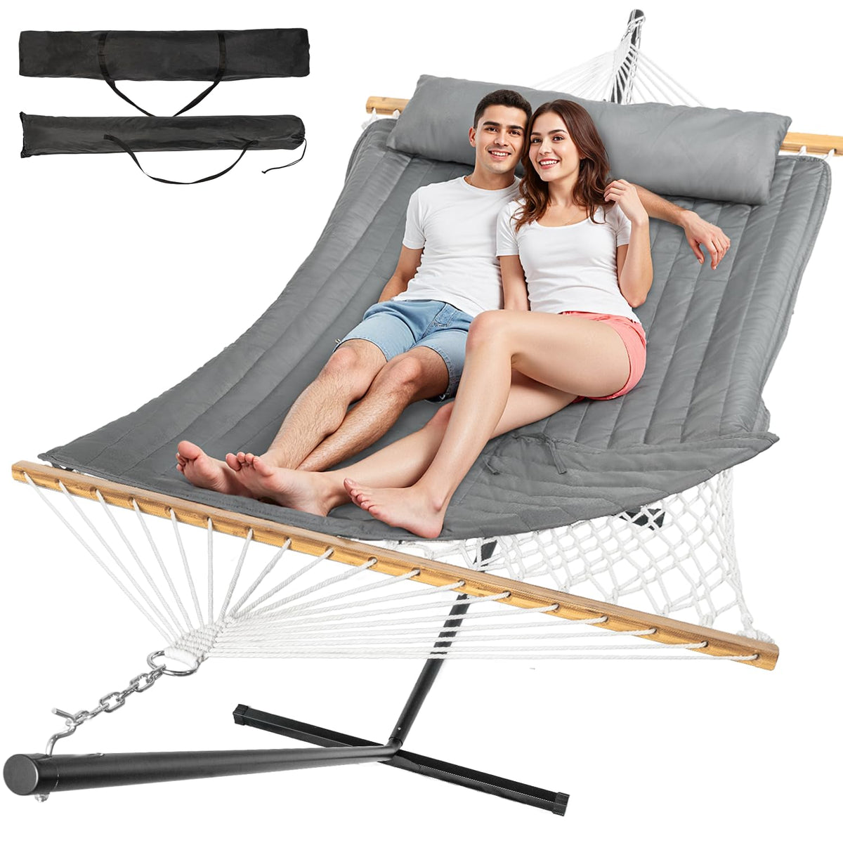 Everyfun 2 Person Double Hammock with Stand, 500 lb Cotton Rope, Blue