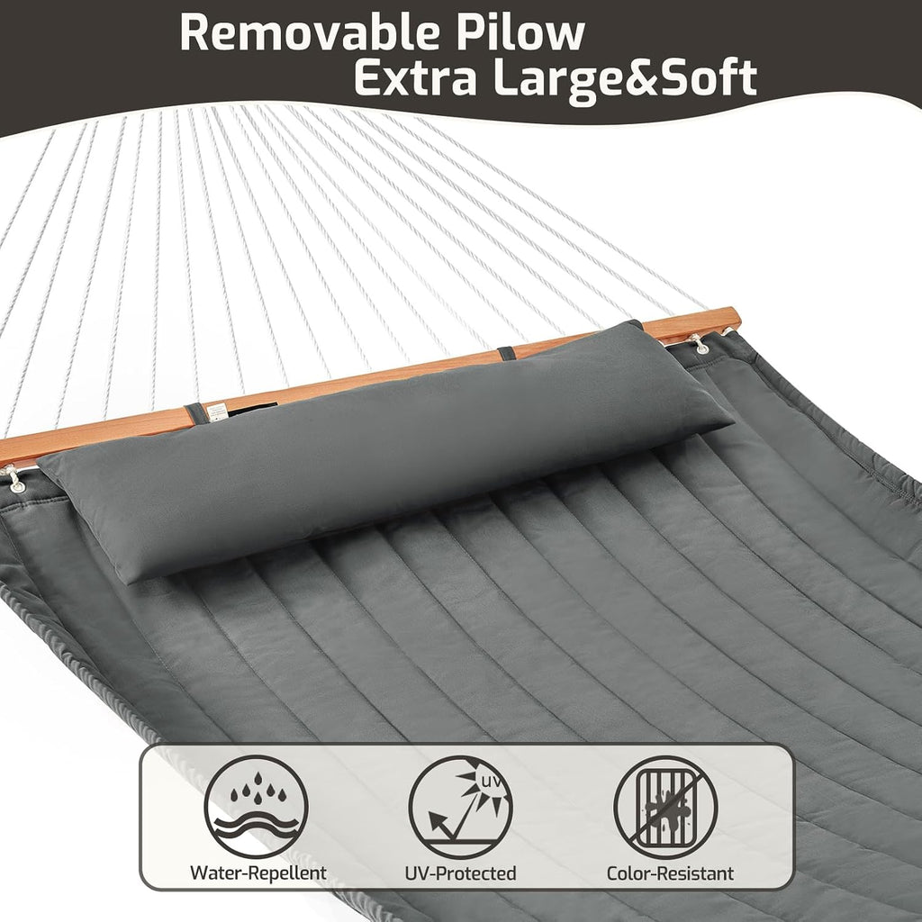 CHULIM Double Quilted Fabric Hammock with Hardwood Spreader Bars and Pillow 450 LBS Capacity 2 Person Large Hammock for Outdoor Patio Backyard Poolside - Dark Grey