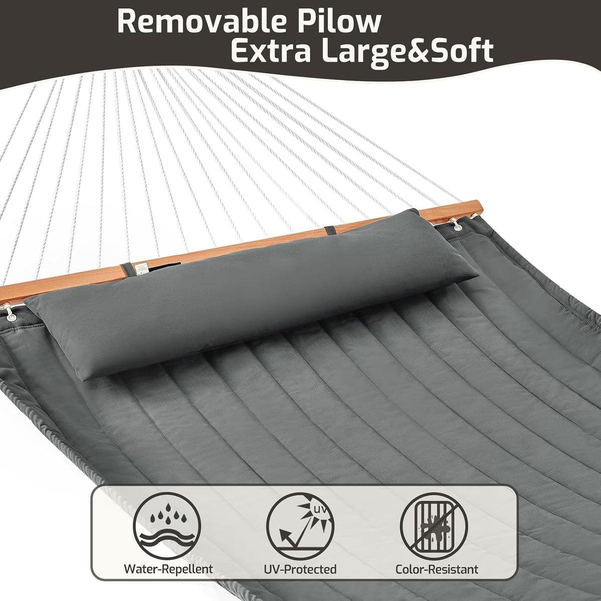 CHULIM Double Quilted Fabric Hammock with Hardwood Spreader Bars and Pillow 450 LBS Capacity 2 Person Large Hammock for Outdoor Patio Backyard Poolside - Dark Grey