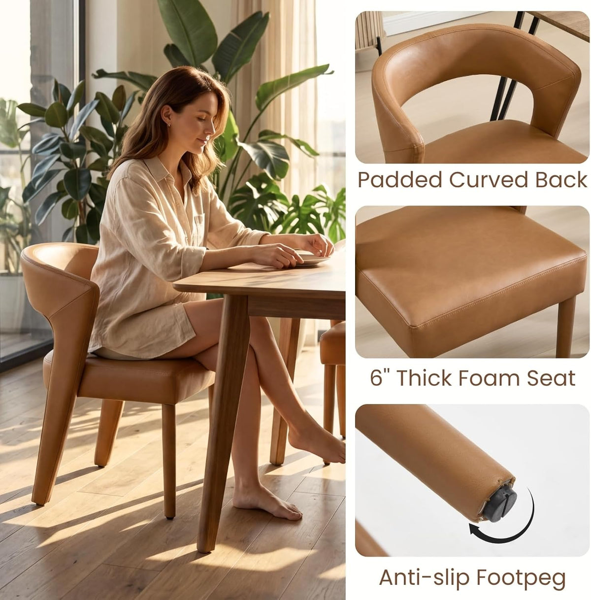 HNY Mid-Century Upholstered Dining Chairs Set of 6, Modern Brown Faux Leather Dining Room Chairs Curved Open Back Accent Side Chairs with Solid Wood Legs for Kitchen Living Room, Brown