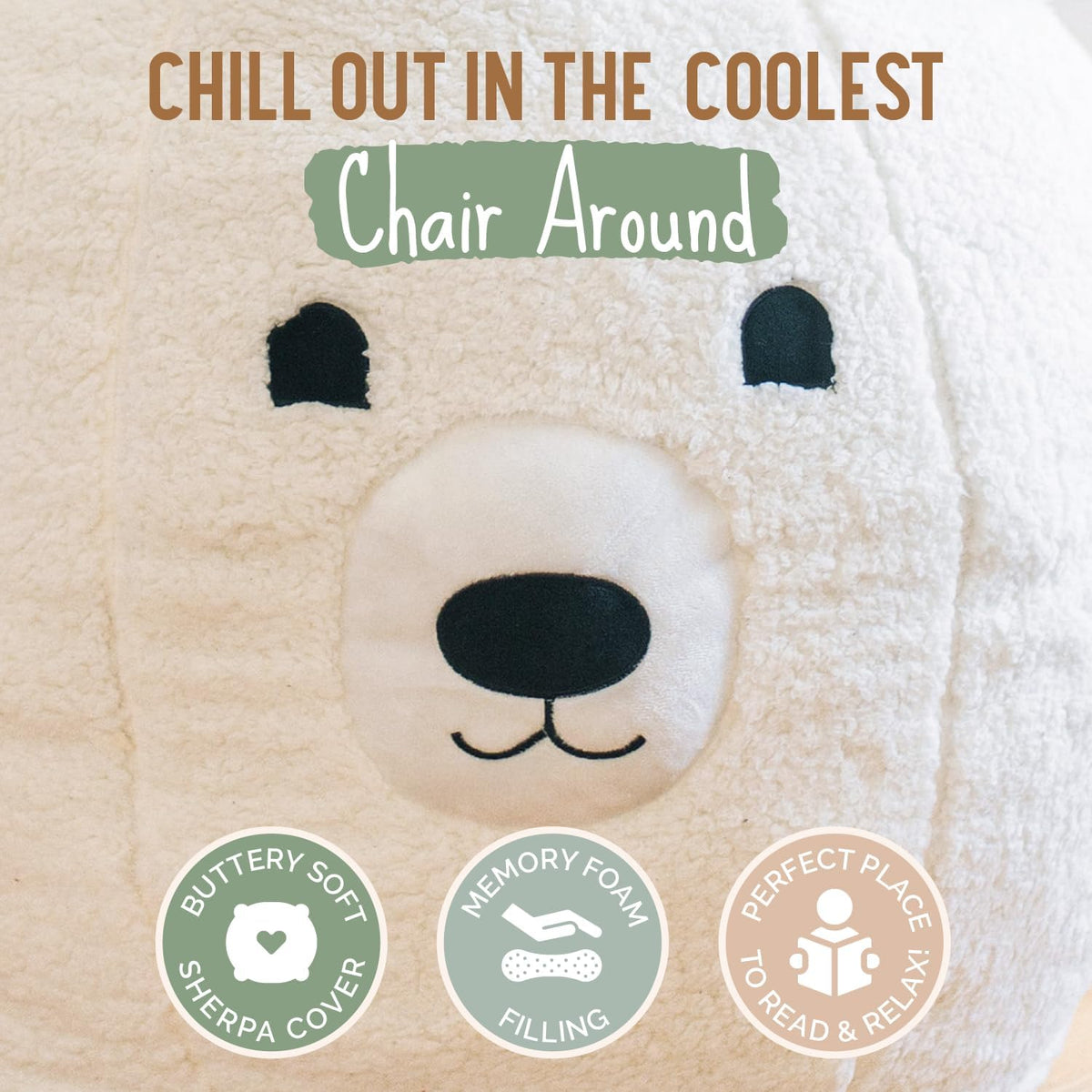 Kids Bean Bag Chair - Soft Sherpa and Memory Foam Stuffed Animal Beanbag Seat for Boys and Girls - Cozy Polar Bear Reading Nook - Comfortable Lounger, Bedroom Furniture, or Playroom Addition