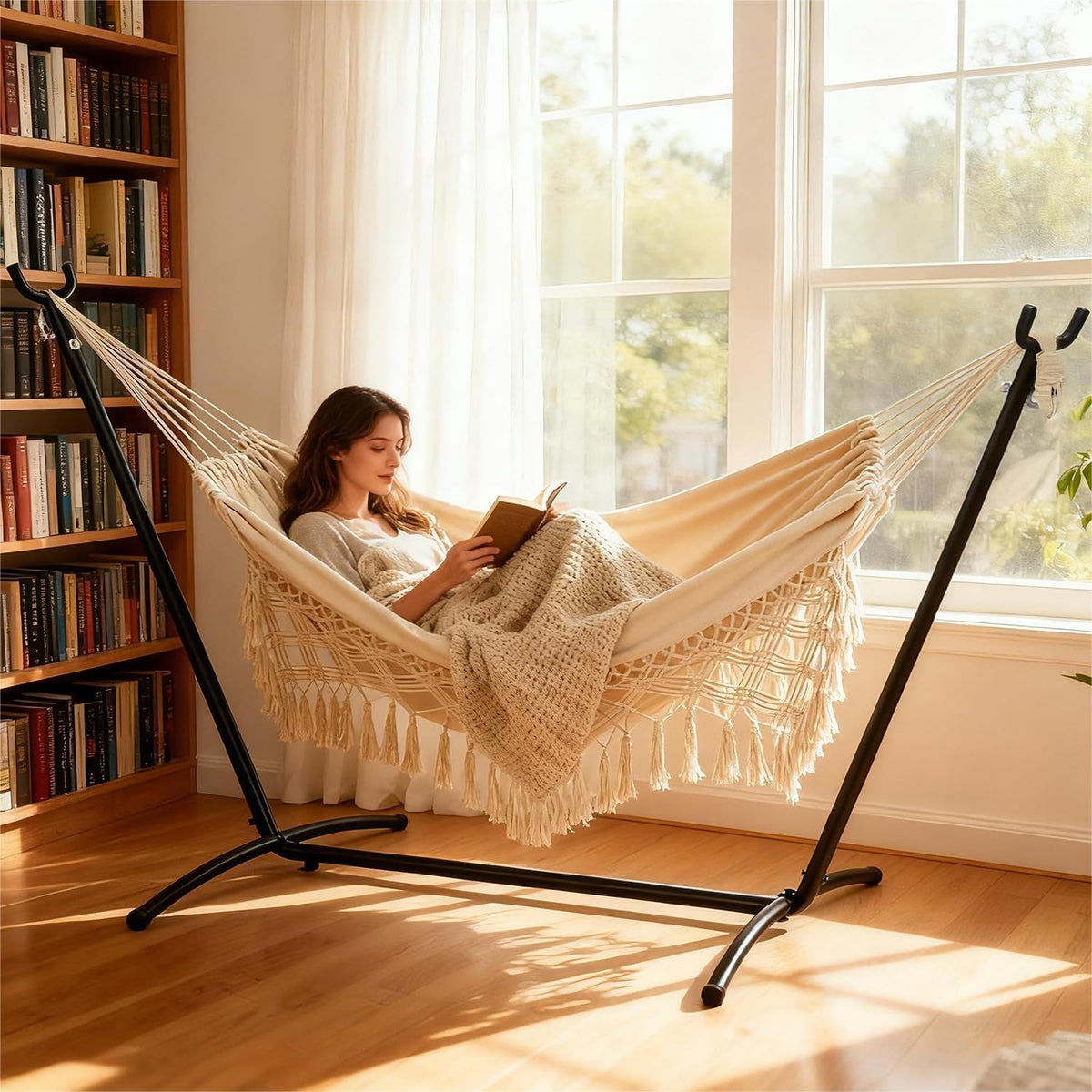 Goutime Double Hammock,Macrame Boho Portable Camping Tree Hammock,Beige
