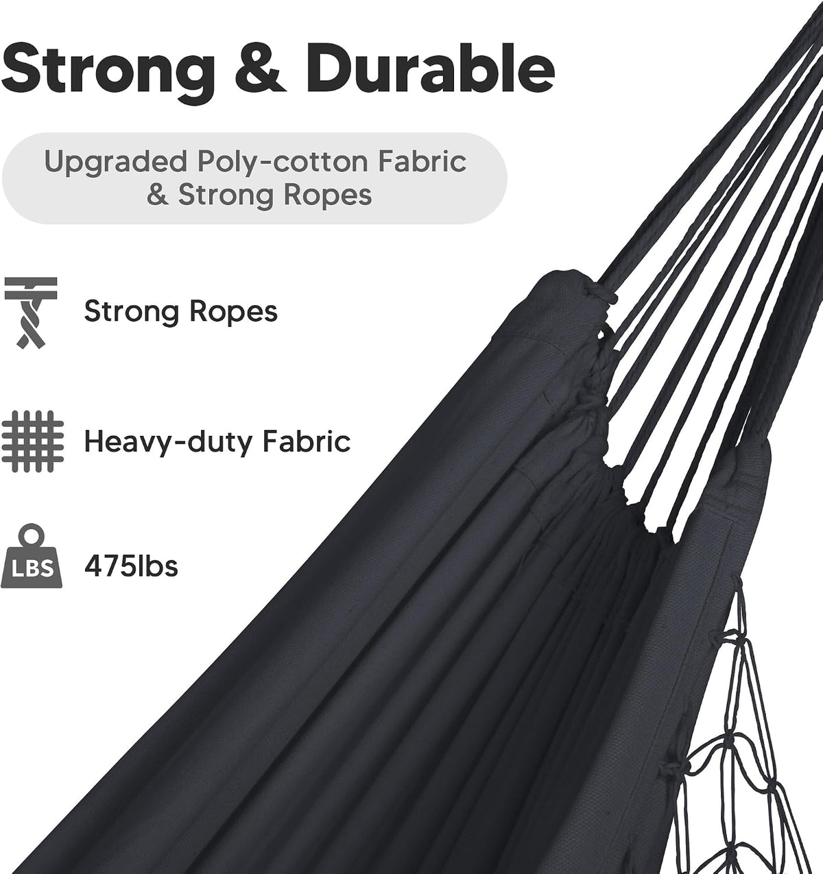 SUNCREAT Hammocks for Outside 2 Person Heavy Duty, Dark Gray with Tassels