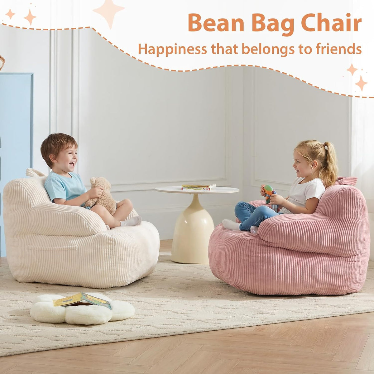 HUGHEAVEN Comfy Kids Bean Bag Chair, Stuffed Bean Bag Sofa with Armrests