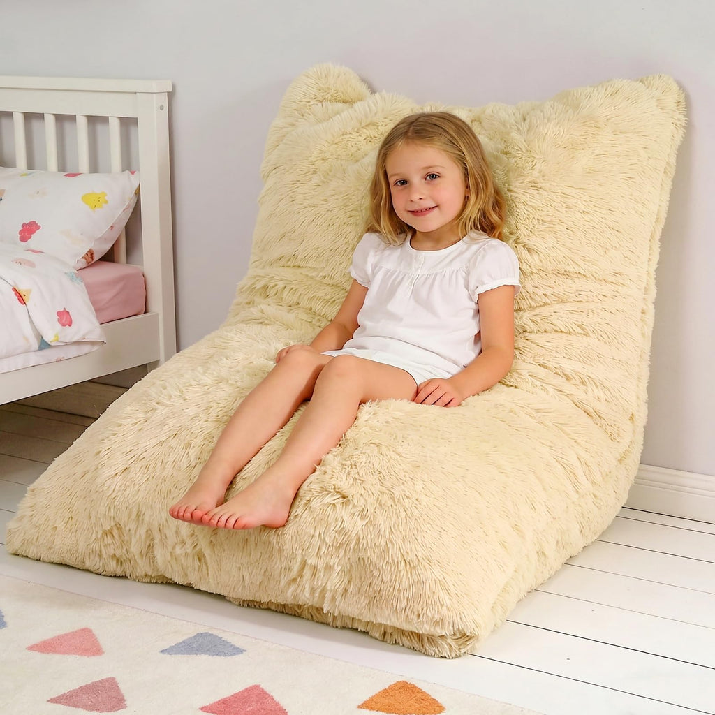 3 in 1 Kids Bean Bag Chair Bed, Kids Fluffy Stuffed Floor Pillow for Gaming and Reading, Ultra Soft Faux Fur Fabric Bean Bag Chairs to Lounger for Playroom, Living Room, Bedroom, Pink