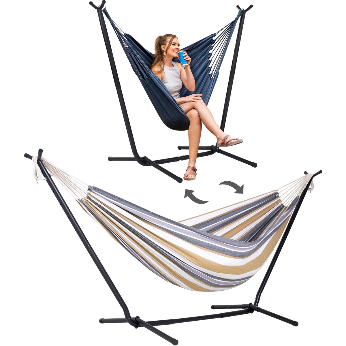 SUNCREAT 2-in-1 Hammocks Hammock Chair with Stand, Patented, Blue Stripe