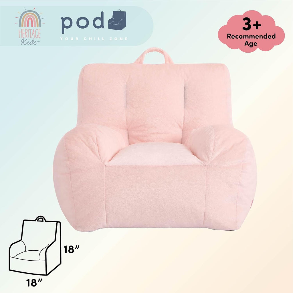 Heritage Kids Pod Square Back Kids Bean Bag Chair, Soft Plush Lounge Seat for Bedroom or Playroom, Blush