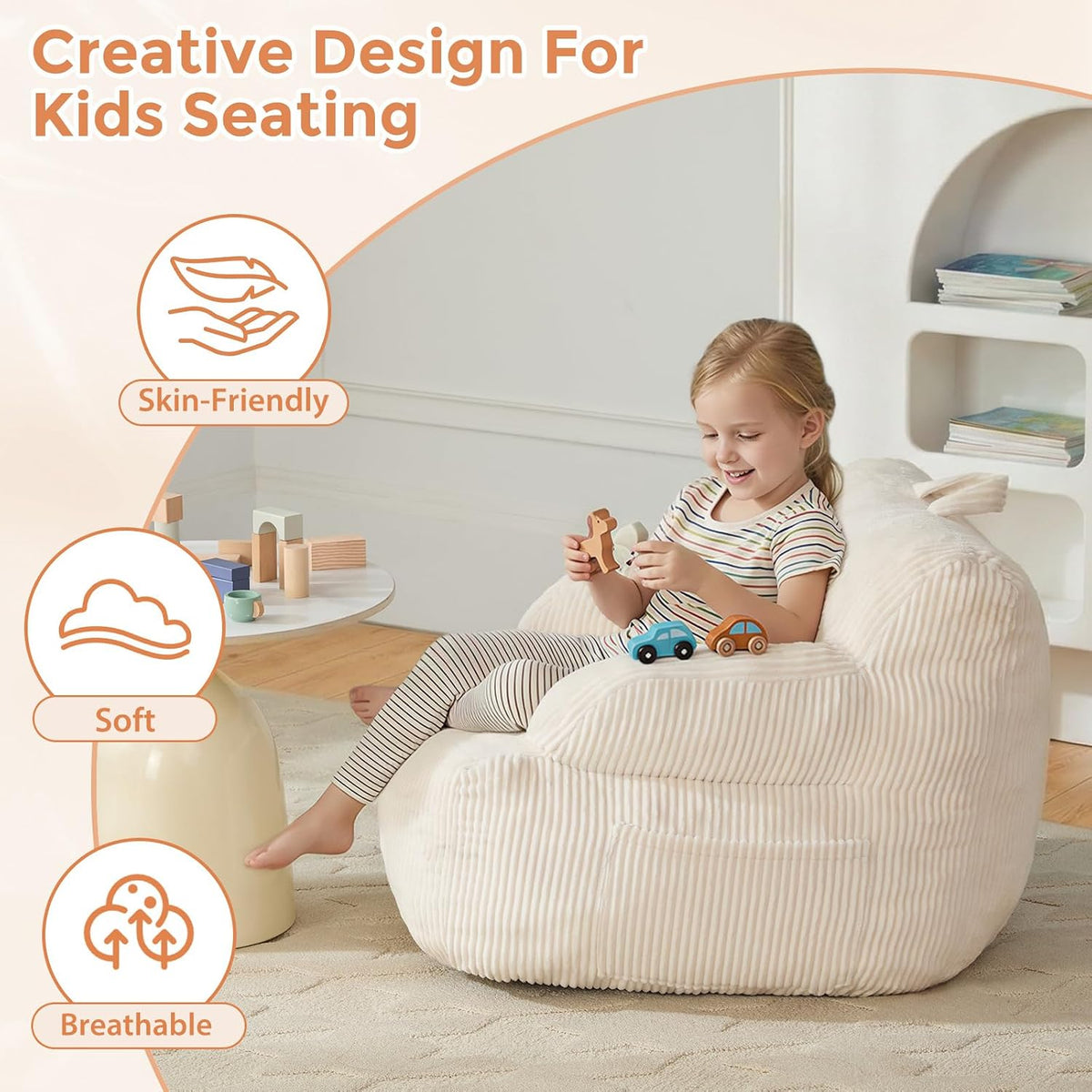 HUGHEAVEN Comfy Kids Bean Bag Chair, Stuffed Bean Bag Sofa with Armrests