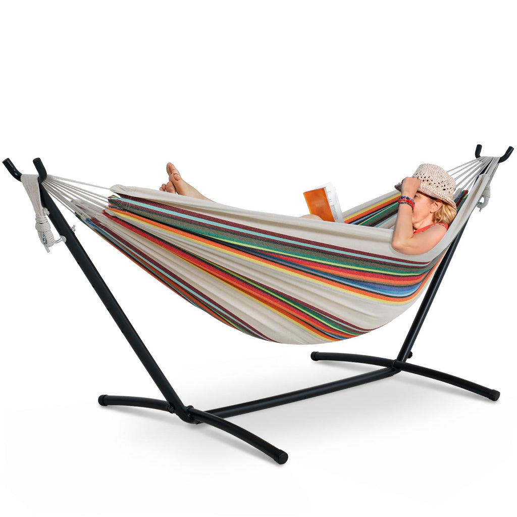 Lazy Daze Portable Hammock with Stand, Free Standing Hammocks for Indoor Outdoor Patio Yard, Has a Carrying Bag and Pillow, 9ft Steel Hamacas Heavy Duty 2 Person Amaca 450 lbs Capacity(White)