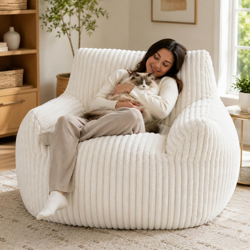 31 Inches Memory Foam Bean Bag Chair - Ultra Soft Faux Rabbit Fur Sofa with Handle & Machine Washable Cover, Comfy Lazy Chair for Kids Teens, Perfect for Reading Gaming in Living Room Bedroom，Yellow