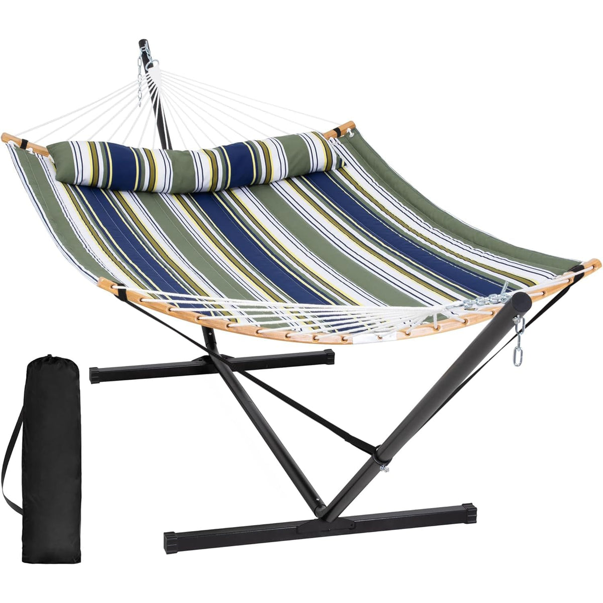 SUNCREAT Double Portable Hammock with Stand, 2 Person Hammock with Curved Spreader Bar, Balance Ropes Included, Dark Gray