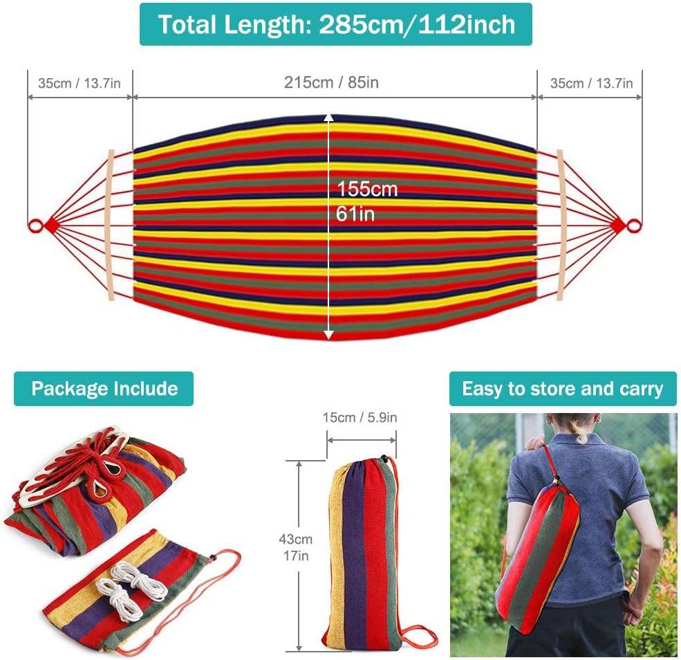 Outerman 275 x 155 cm Camping Hammock, Hammocks Thickened Canvas Fabric with 550lb Load Capacity, Two Anti Roll Balance Beam and Sturdy Metal Knot Tree Straps for Travel, Beach, Backyard etc.