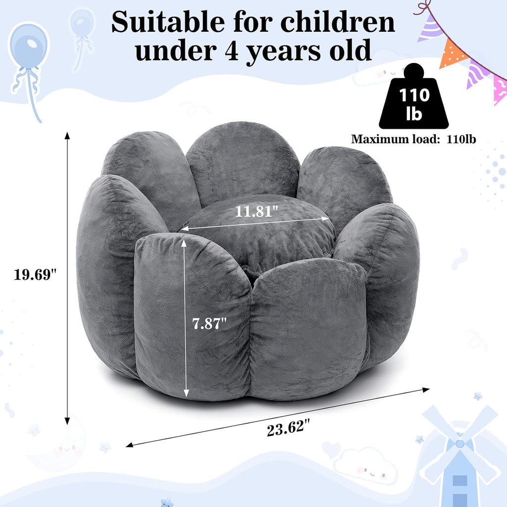 HOMMPA Kids Bean Bag Chair Flower Shape Bean Bag Sofa Comfy Velvet Bean Bag Chair for Kids Baby Lazy Floor Sofa Chair for Gaming Reading Playing Grey
