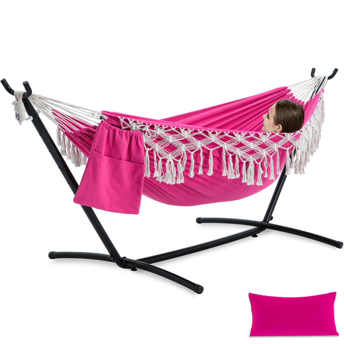 PNAEUT Handmade Tassel Hammock with Stand for Outside, 450 lbs Capacity