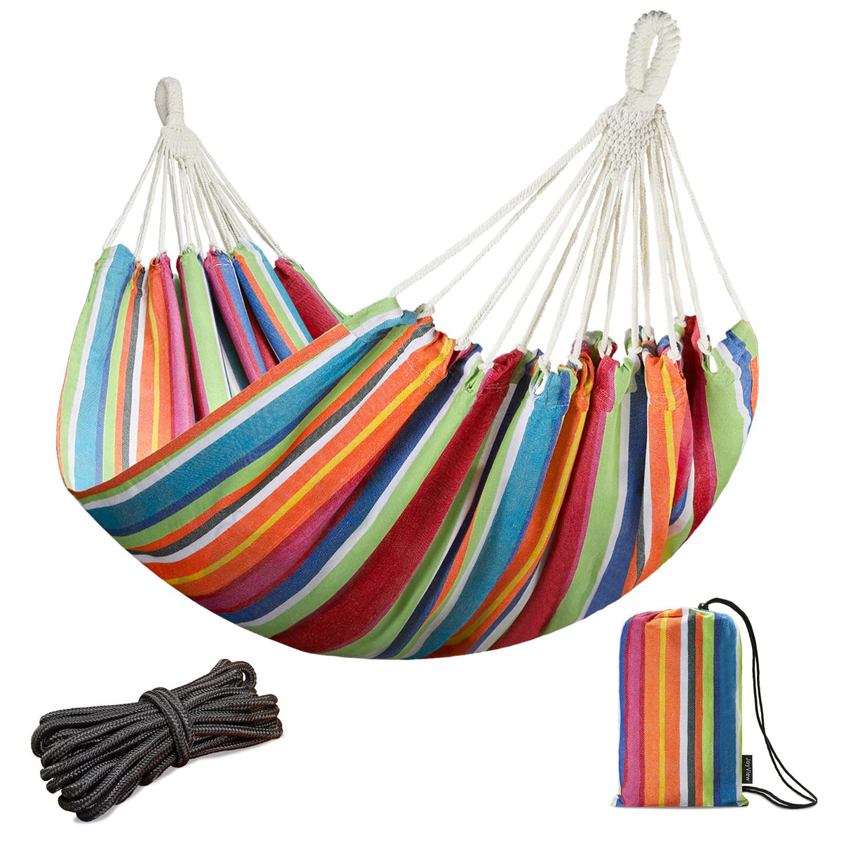 JoyView Brazilian Double Hammock with Hanging Ropes Extra Large 86.6x59” Portable Cotton Hammock for Patio Backyard Porch 450LBS Weight Capacity Perfect for Outdoor/Indoor - Color Stripes