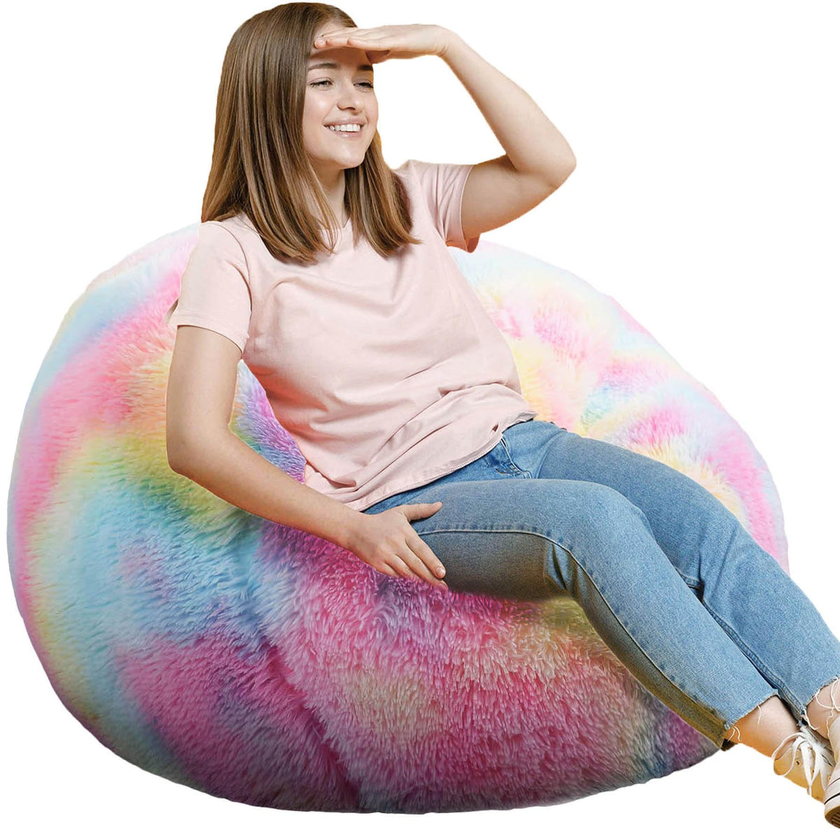 Fluffy Bean Bag Chair for Kids, 2.5FT Round Memory Foam Filled Bean Bag for Teens & Kids, Ultra Soft Faux Fur Fabric Bean Bag Chairs for Playroom, Living Room, Bedroom, Dark Green