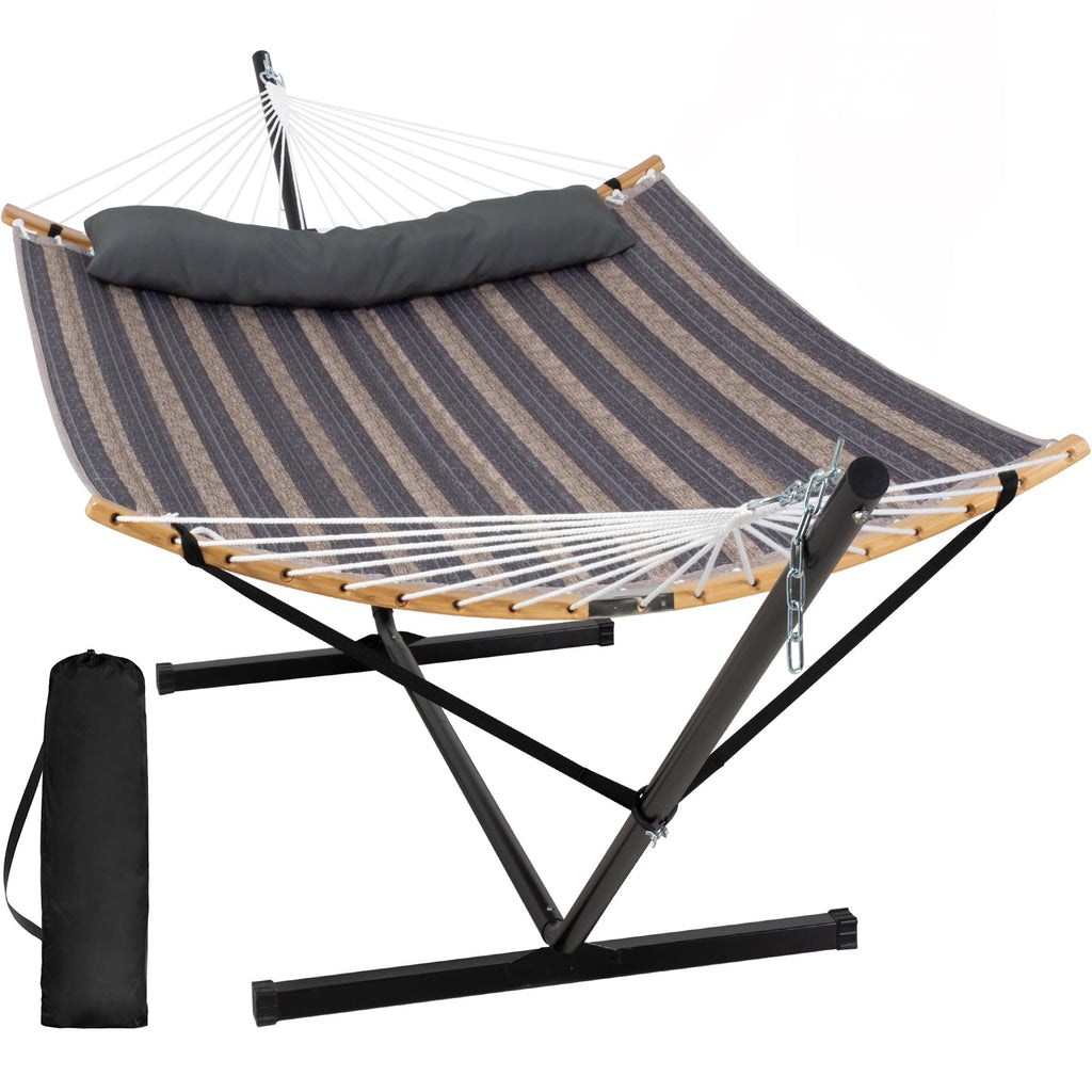 SUNCREAT Double Portable Hammock with Stand, 2 Person Hammock with Curved Spreader Bar, Balance Ropes Included, Dark Gray