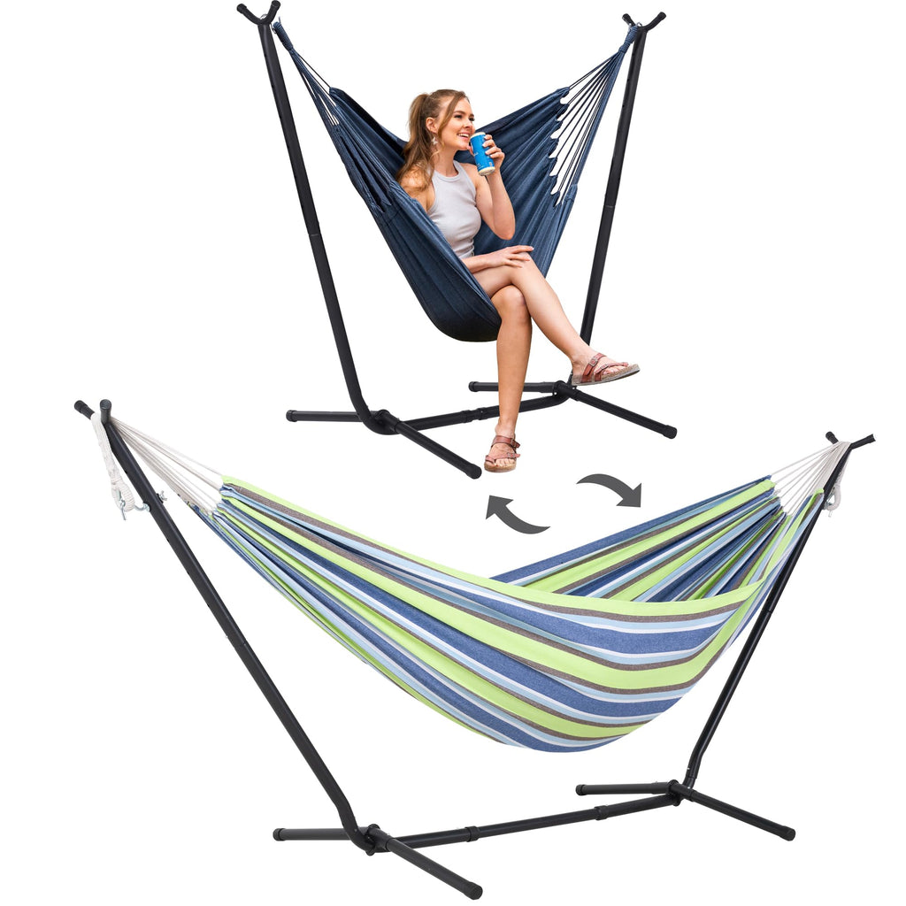 SUNCREAT 2-in-1 Hammocks Hammock Chair with Stand, Patented, Blue Stripe