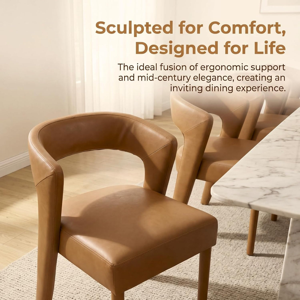 HNY Mid-Century Upholstered Dining Chairs Set of 6, Modern Brown Faux Leather Dining Room Chairs Curved Open Back Accent Side Chairs with Solid Wood Legs for Kitchen Living Room, Brown