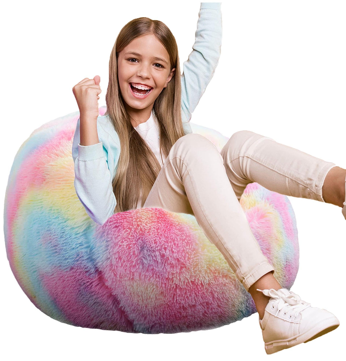 Fluffy Bean Bag Chair for Kids, 2.5FT Round Memory Foam Filled Bean Bag for Teens & Kids, Ultra Soft Faux Fur Fabric Bean Bag Chairs for Playroom, Living Room, Bedroom, Dark Green