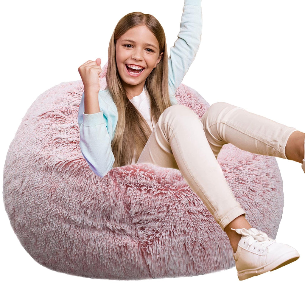 Fluffy Bean Bag Chair for Kids, 2.5FT Round Memory Foam Filled Bean Bag for Teens & Kids, Ultra Soft Faux Fur Fabric Bean Bag Chairs for Playroom, Living Room, Bedroom, Dark Green