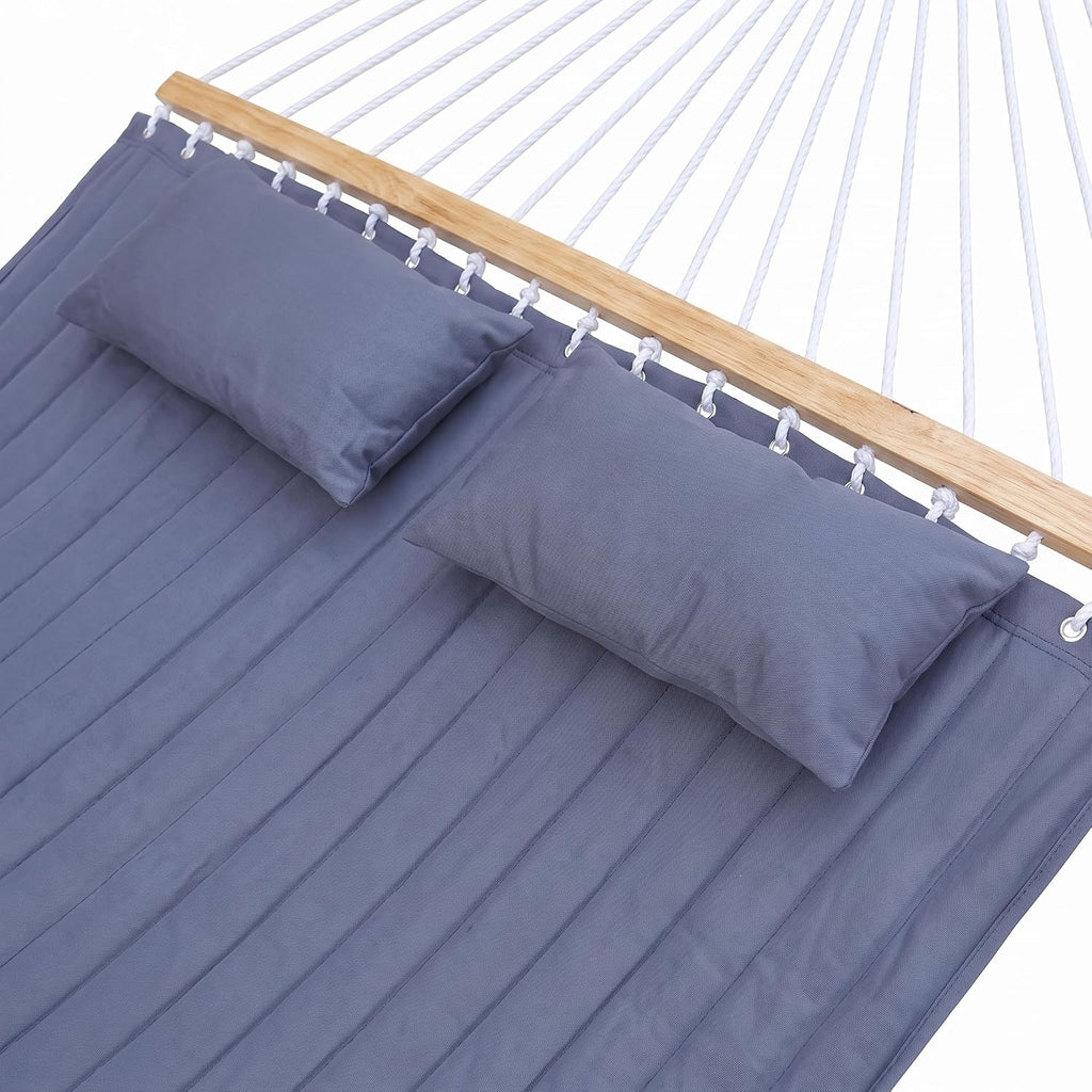 2 Person Double Quilted Hammock, Spreader Bars, 2 Pillows, Gray