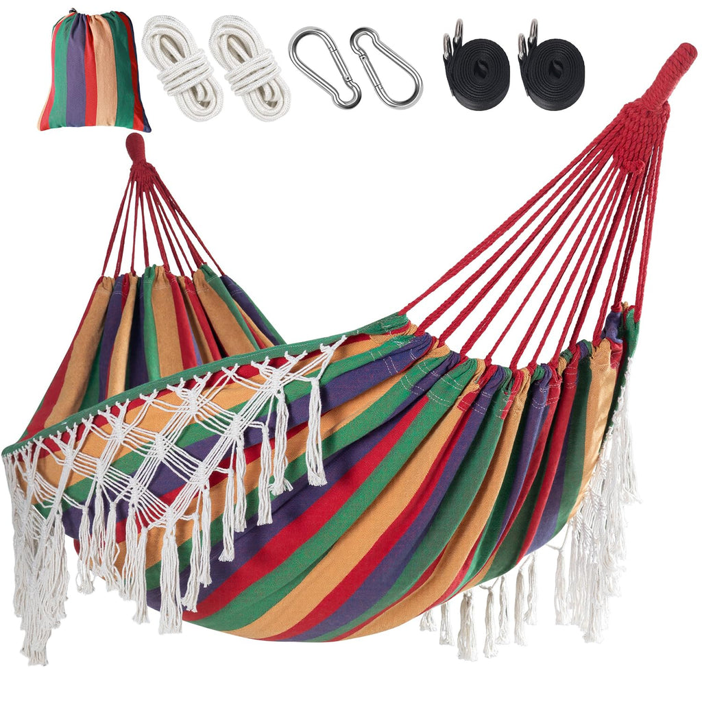 Bellzacasa Double Hammock, Heavy Duty 500 lb Load Capacity Tassels and Fishtail Knitting Portable Camping Hammocks with Mounting Straps for Outdoor Camping Patio Balcony Beige