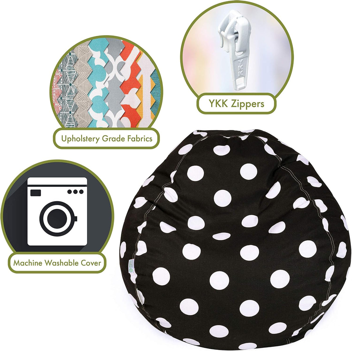 Majestic Home Goods Classic Bean Bag Chair - Large Polka Dots Giant Classic Bean Bags for Small Adults and Kids (28 x 28 x 22 Inches) (Black)