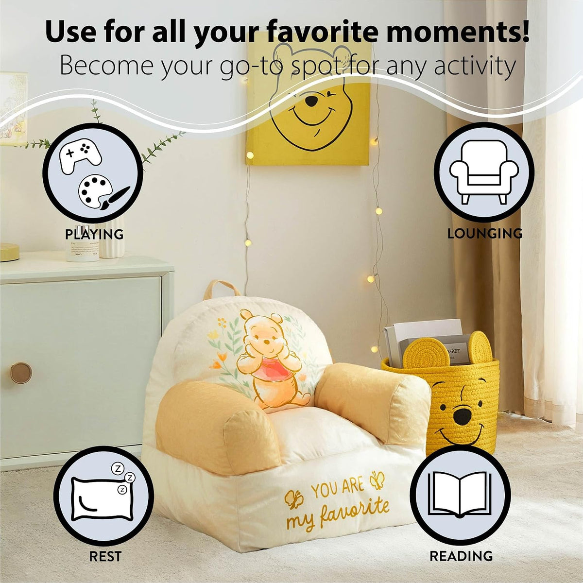 Disney Winnie the Pooh Kids Sofa Bean Bag Armchair, Soft Plush Lounge Chair for Bedroom or Playroom