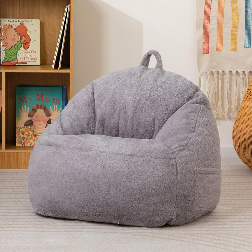 ALIMORDEN Kids Bean Bag Chair, Grey Plush Bean Bag Sofa with Filler, Cozy & Adorable Seating for Children's Bedroom/Playroom