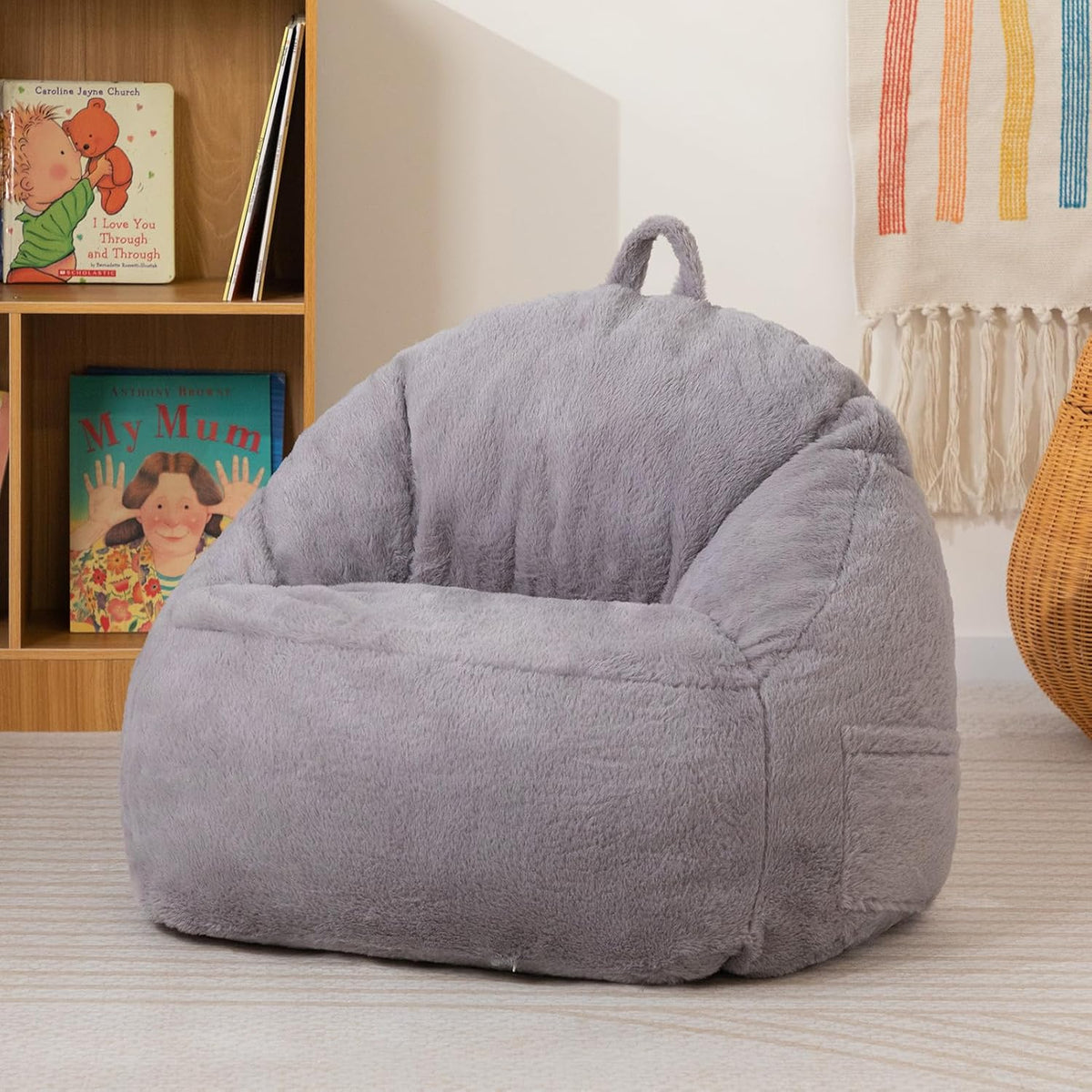 ALIMORDEN Kids Bean Bag Chair, Grey Plush Bean Bag Sofa with Filler, Cozy & Adorable Seating for Children's Bedroom/Playroom