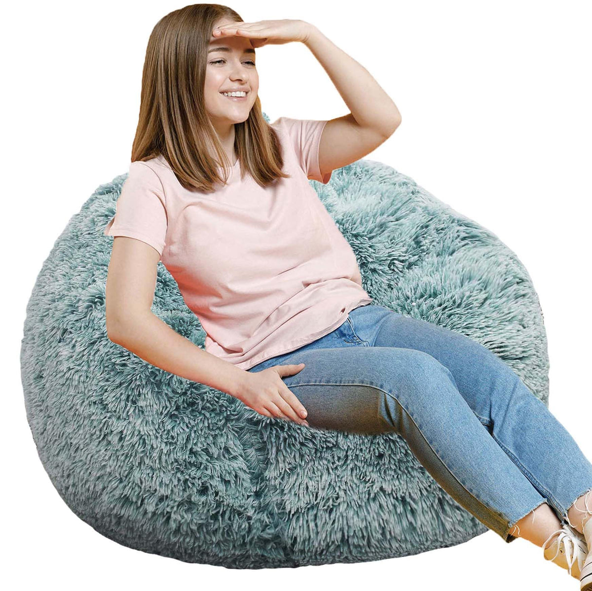 Fluffy Bean Bag Chair for Kids, 2.5FT Round Memory Foam Filled Bean Bag for Teens & Kids, Ultra Soft Faux Fur Fabric Bean Bag Chairs for Playroom, Living Room, Bedroom, Dark Green