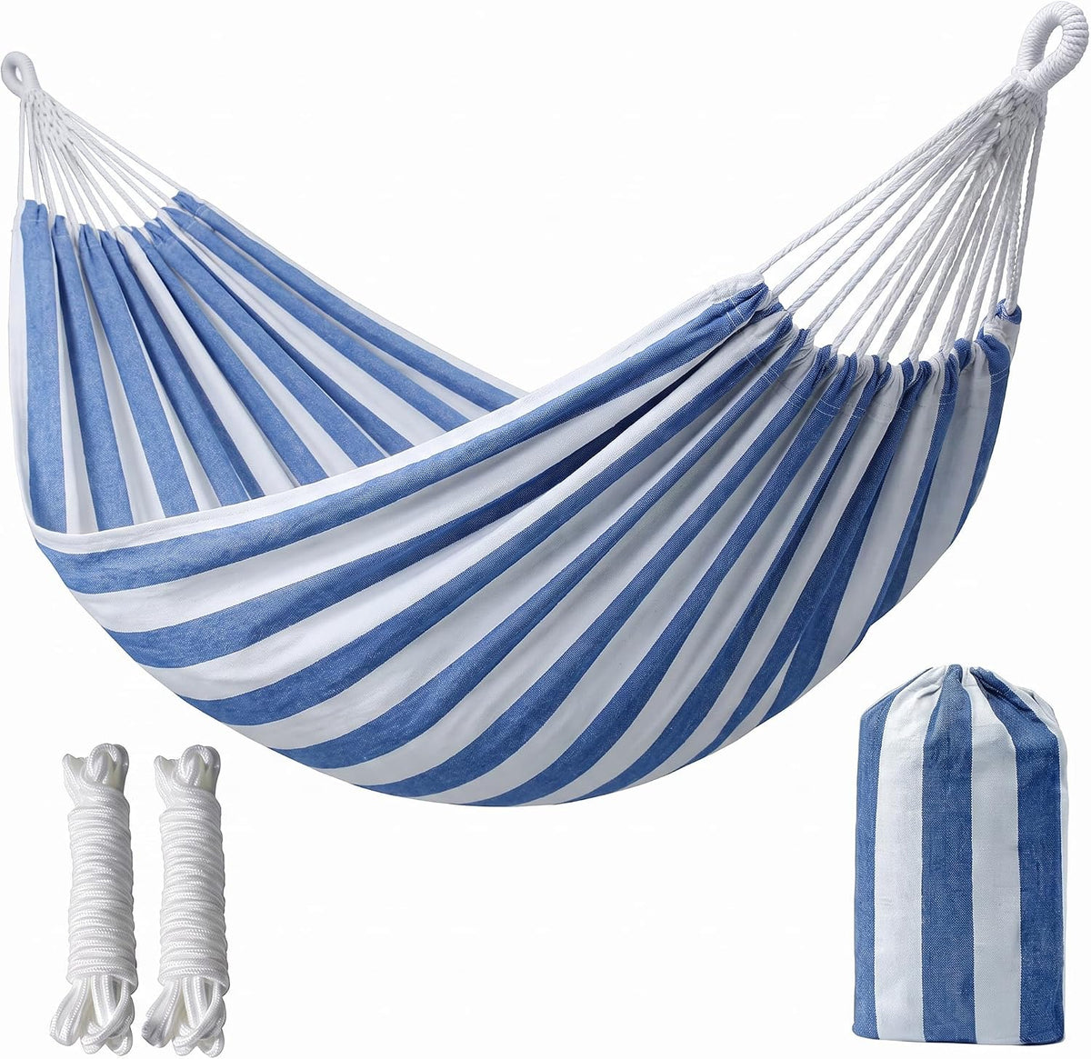 Canvas Hammock 122" Long X 59" Wide 2 Person Hammock 440 pounds Maximum Weight Applicable Scenes in Courtyard Autumn, Indoor Hanging Chairs, Beach Leisure (Blue White, Full)
