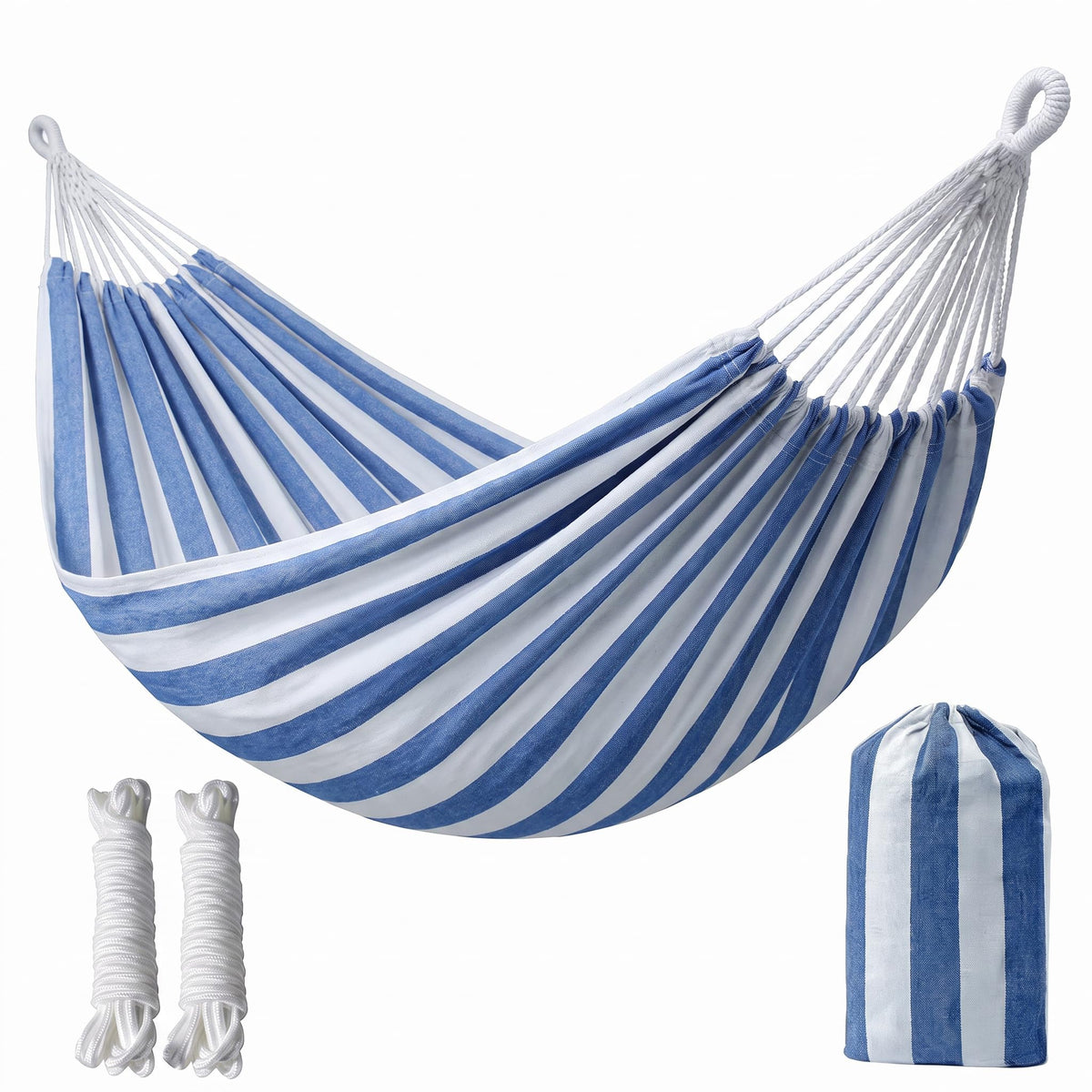 Canvas Hammock 122" Long X 59" Wide 2 Person Hammock 440 pounds Maximum Weight Applicable Scenes in Courtyard Autumn, Indoor Hanging Chairs, Beach Leisure (Blue White, Full)