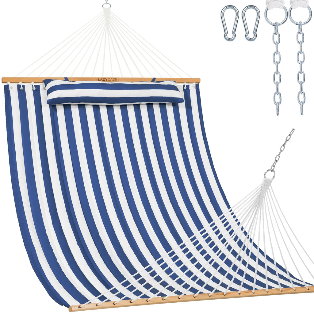 Lazy Daze Double Quilted Hammock with Pillow and Carabiners, Vivid Stripe