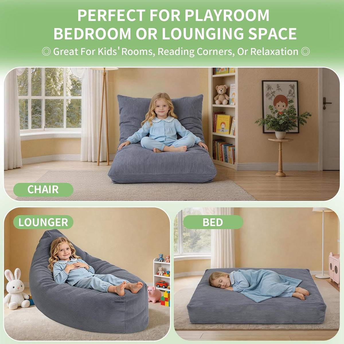 3-in-1 Kids Bean Bag Chair, Convertible Floor Cushion