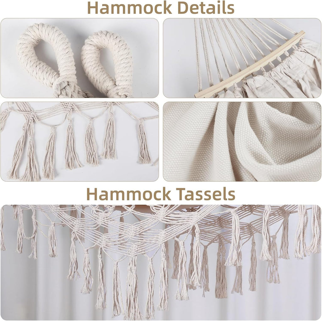 Bellzacasa Double Hammock, Heavy Duty 500 lb Load Capacity Tassels and Fishtail Knitting Portable Camping Hammocks with Mounting Straps for Outdoor Camping Patio Balcony Beige