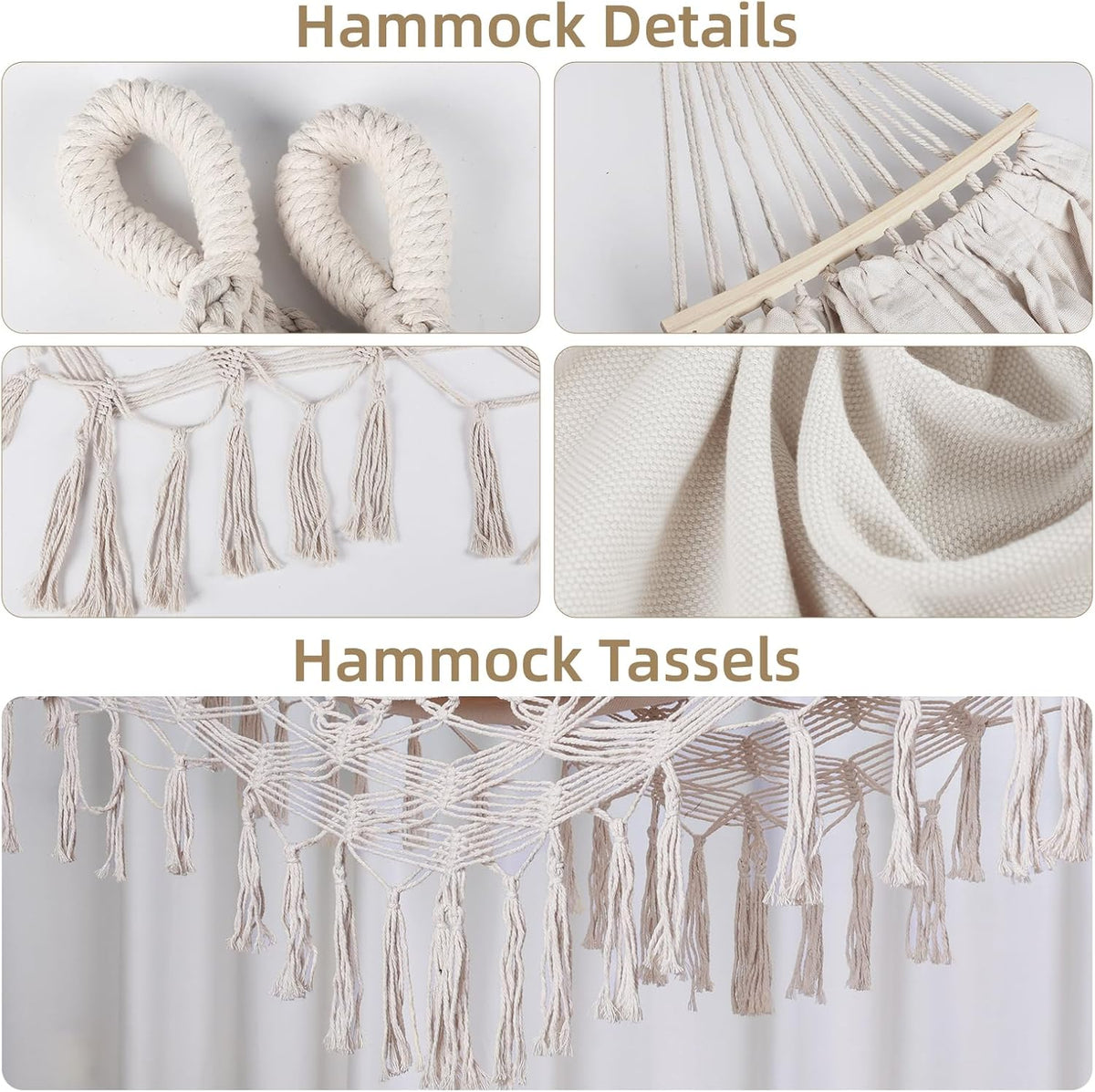 Bellzacasa Double Hammock, Heavy Duty 500 lb Load Capacity Tassels and Fishtail Knitting Portable Camping Hammocks with Mounting Straps for Outdoor Camping Patio Balcony Beige