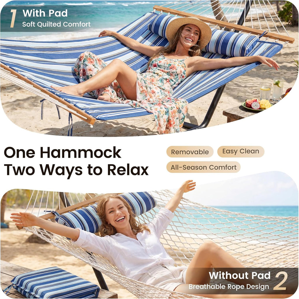 Everyfun 2 Person Double Hammock with Stand, 500 lb Cotton Rope, Blue