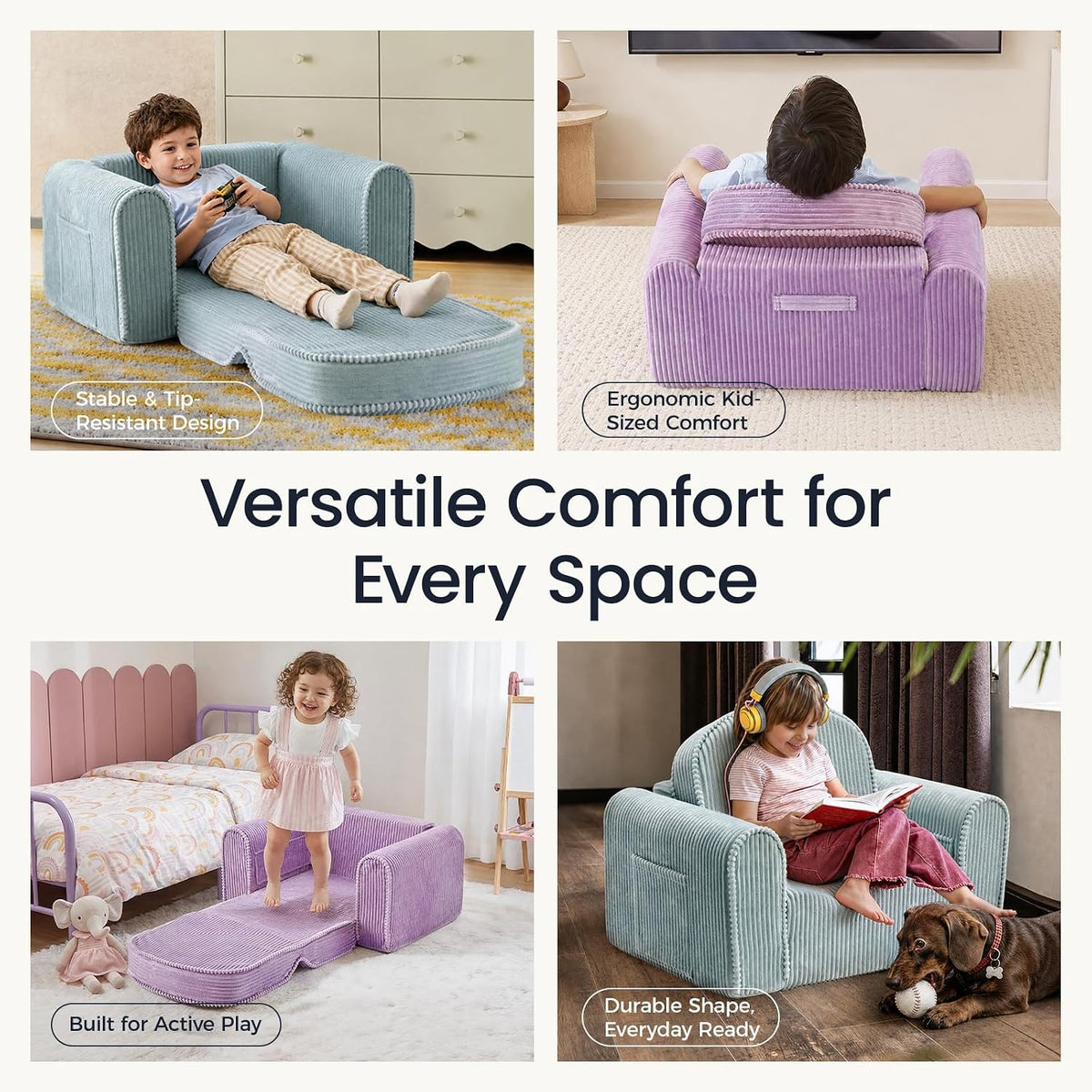 Tiny Land 2-in-1 Foldable Kids Couch, Thick Foam Corduroy Sofa with Pocket