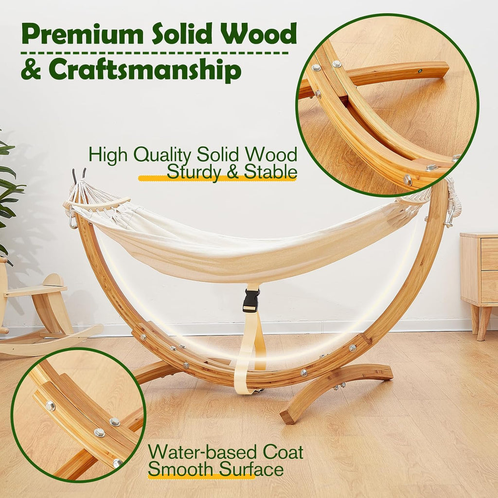 FUNLIO Wooden Hammock with Stand for Kids 3-5 Years (Height < 3.9ft/120cm), Premium Solid Wood Kids Hammock Chair Stand, Stable Structure, Wider & Longer Children Hammock, 220lbs Capacity