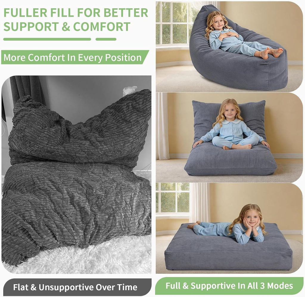3-in-1 Kids Bean Bag Chair, Convertible Floor Cushion