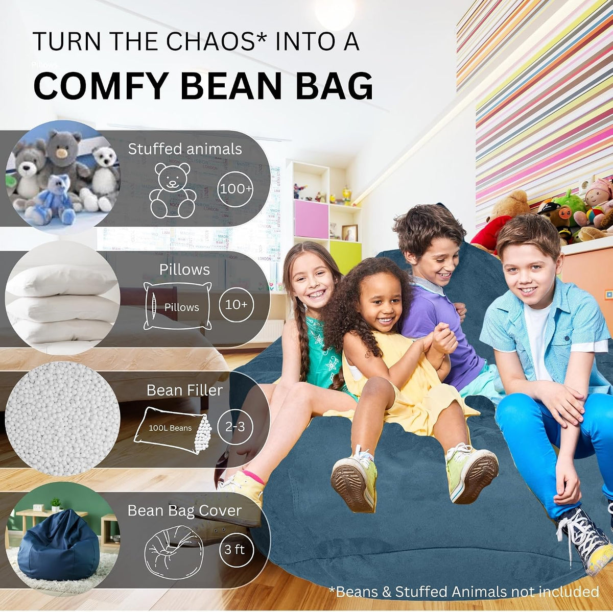 Bean Bag Stuffed Animal Storage Chair Cover (No Filler) for Kids and Adults. Extra Large Bird's Nest Beanbag Memory Foam Soft Premium (Navy Blue, 3 ft (Cover Only))