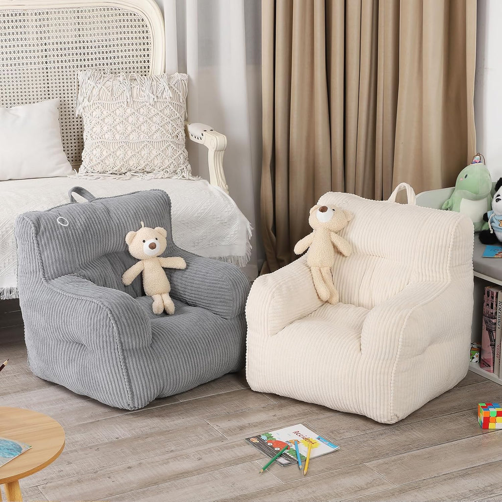 MOMCAYWEX Kids Bean Bag Chair with a Plush Bear, Comfy Toddler Chair for Boys and Girls, Grey