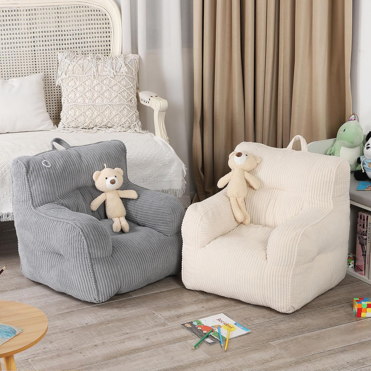 MOMCAYWEX Kids Bean Bag Chair with a Plush Bear, Comfy Toddler Chair for Boys and Girls, Grey