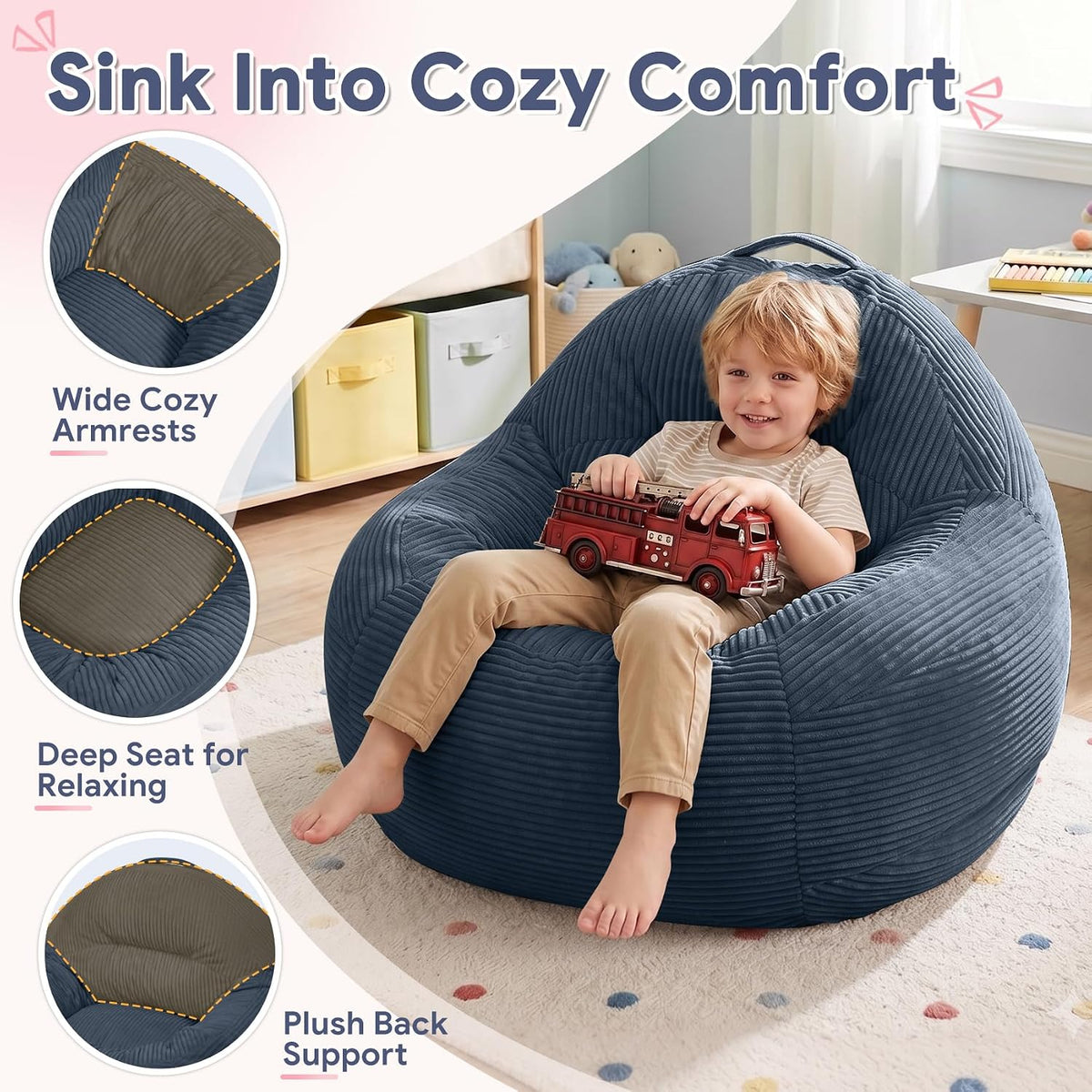 31.5"x31.5"x24" Kids Bean Bag Chair for Kids & Teens,Dark Blue