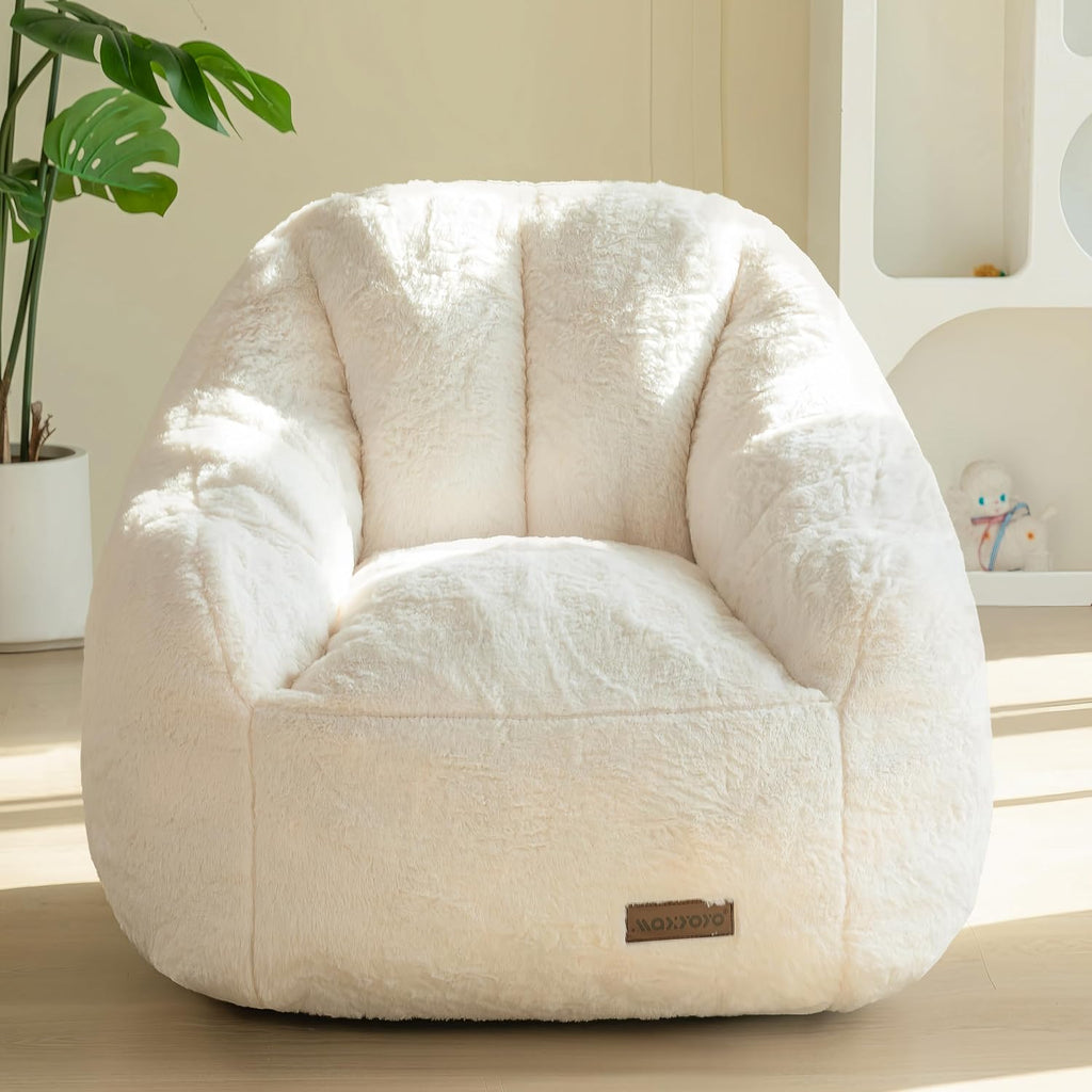 MAXYOYO Kids Bean Bag Chair, Comfy Bean Bag Sofa with Back Support, Faux Fur Cute Chair for Boys and Girls, Stuffed Floor Sofa for Nursery, Bedroom, Beige