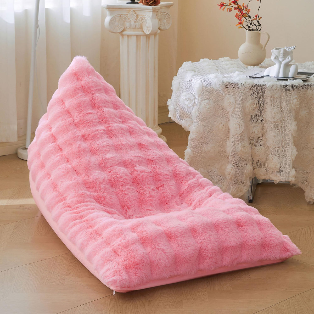 LIFEREVO Faux Rabbit Fur Stuffed Animal Bean Bag Storage (No Filler), Soft Waffle Bubble Beanbag Chair Cover for Kids Girls, Furry Floor Lounger Plush Toys Organizer for Living Room Bedroom, Beige