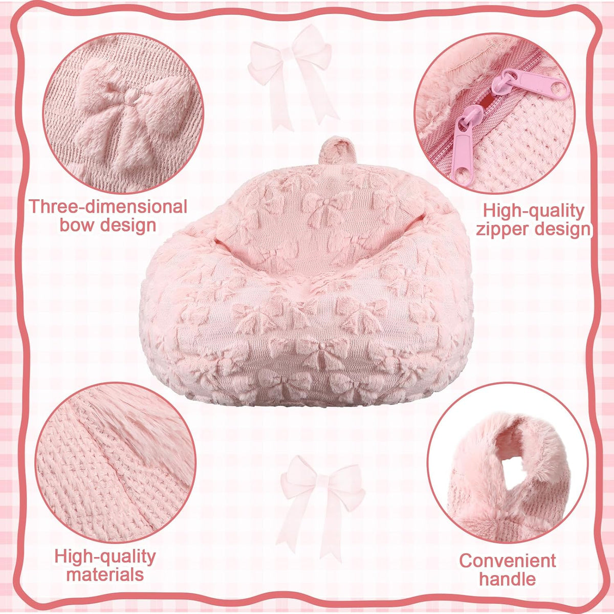 Gilprop Pink Bow Bean Bag Chair 2.6ft Stuffed Animal Storage Chair Cover
