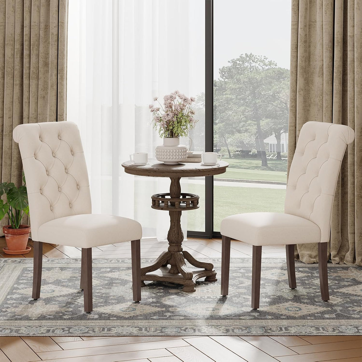 MALOL Upholstered Tufted Dining Room Chairs Set of 4, Parsons Kitchen Chairs with Padded Seat and Solid Wood Legs, Fabric Accent Side Diner Chair for Dining Room/Kitchen/Living Room, Beige